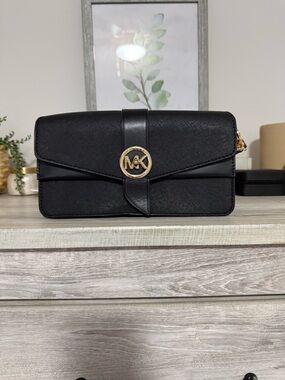 Michael Kors Black Leather MK Round Logo Envelope Shoulder Bag
